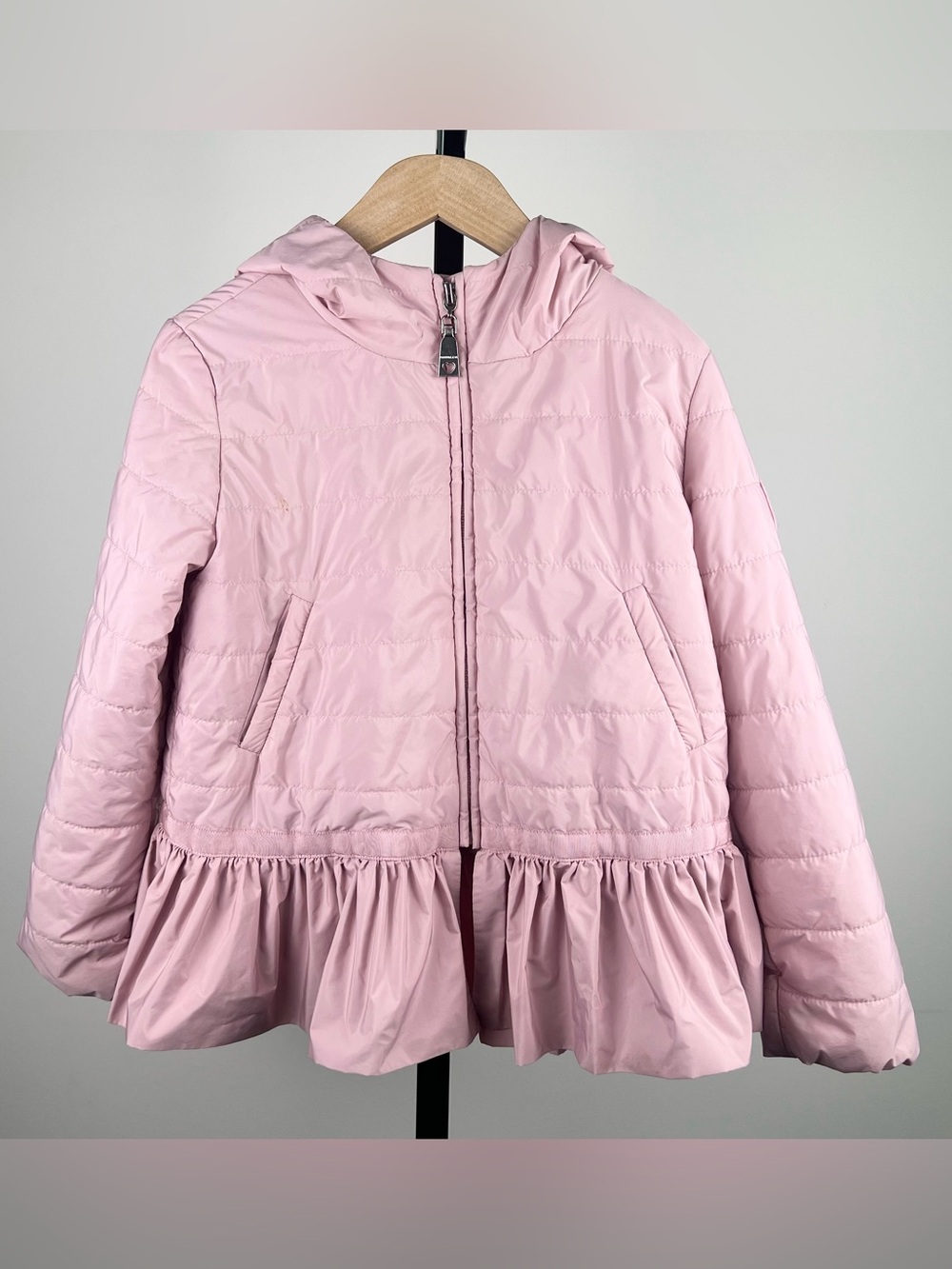 Monnalisa Girls Lightweight Hooded Ruffled Puffer Jacket, Pink, 8Y - Picture 1 of 10